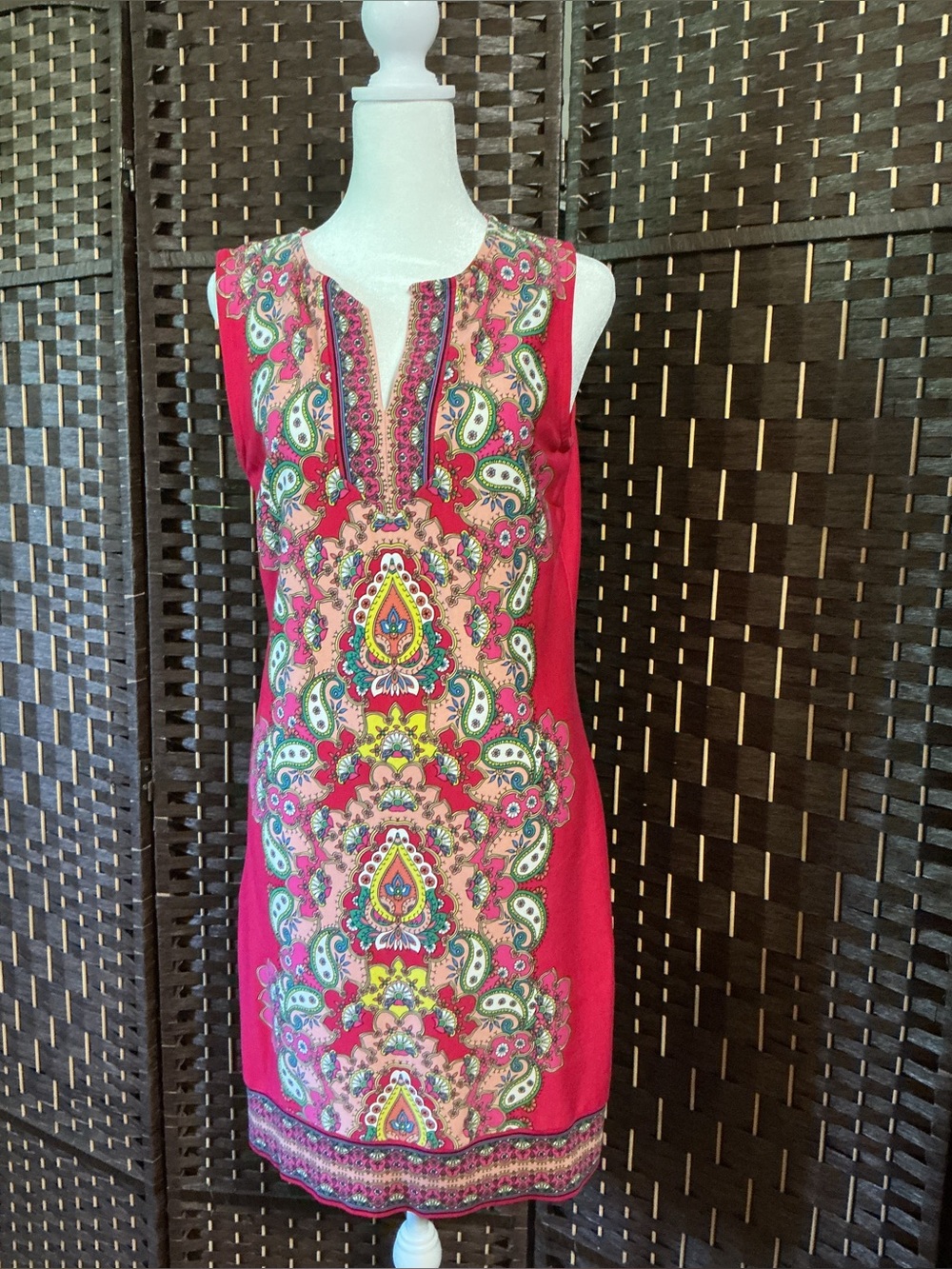 New York & Company Red Embroidered Tunic Dress